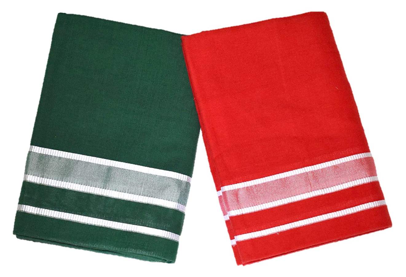 Trinity Fashions IXORA Kerala Premam Colour Dhotis Cotton (Dark Green and Red)